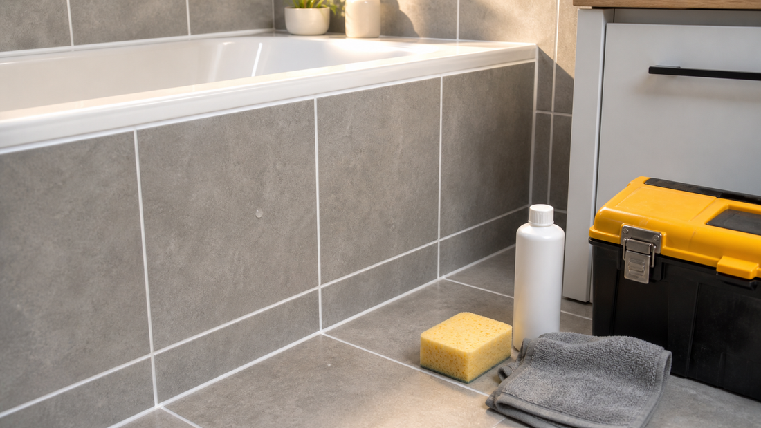 Finished grout repair with clean grey tiles, neat grout lines, sealer bottle, sponge and toolbox