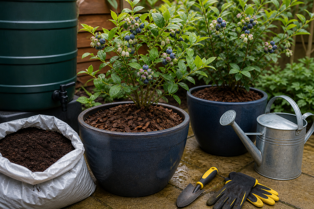 Blueberries growing in pots with gardening tools for a HIP Toolbox guide