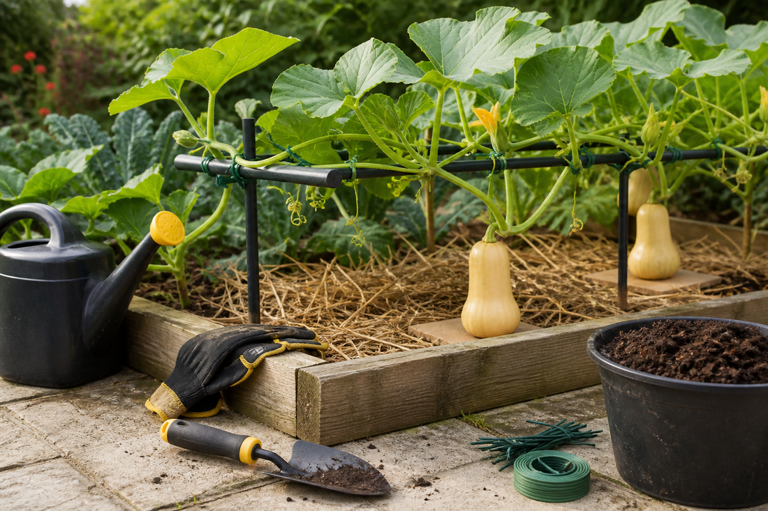 Butternut squash growing on a support frame in a raised bed for a HIP Toolbox guide
