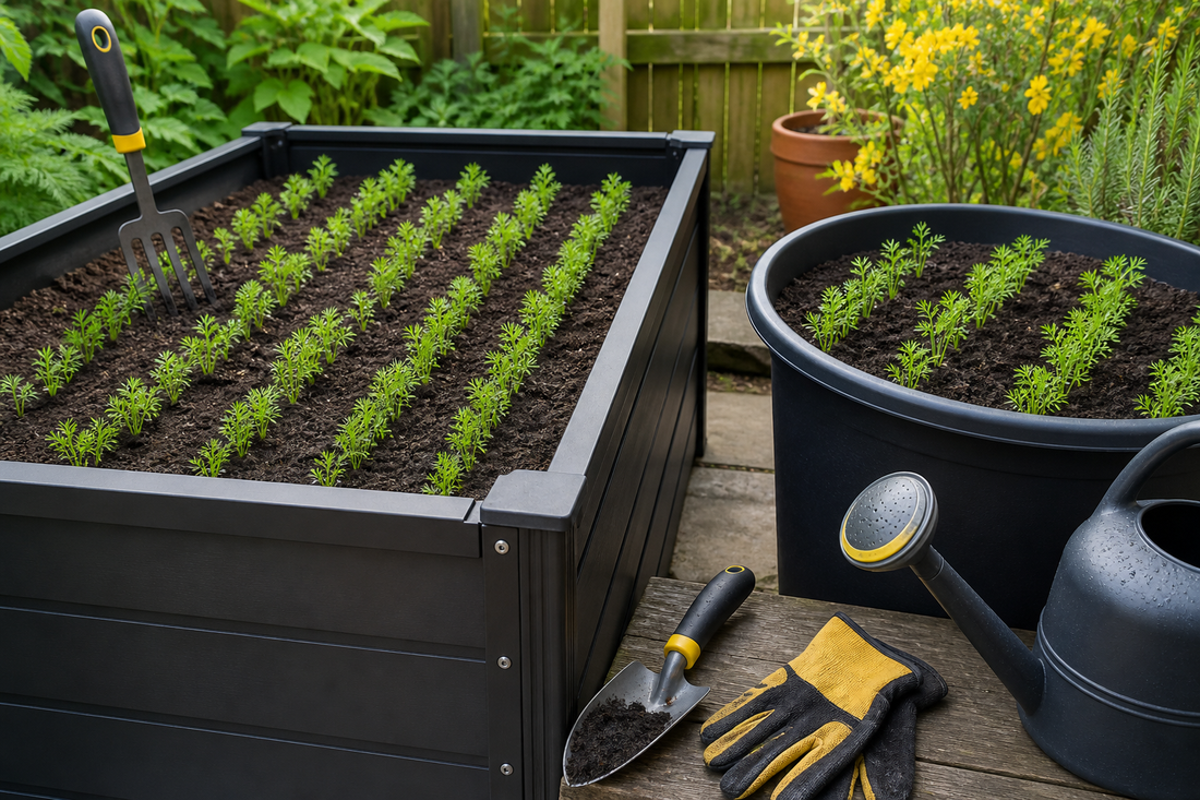 Carrot seedlings in a raised bed and container for a HIP Toolbox guide
