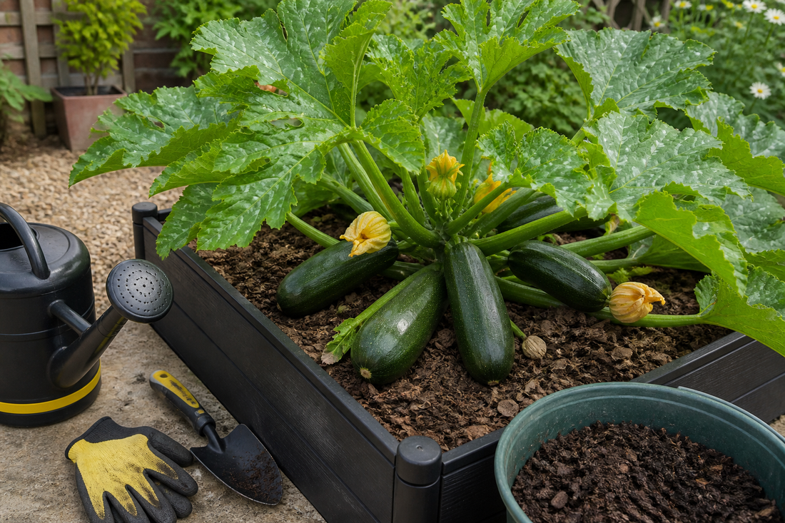 Courgette plants growing in a raised bed for a HIP Toolbox guide