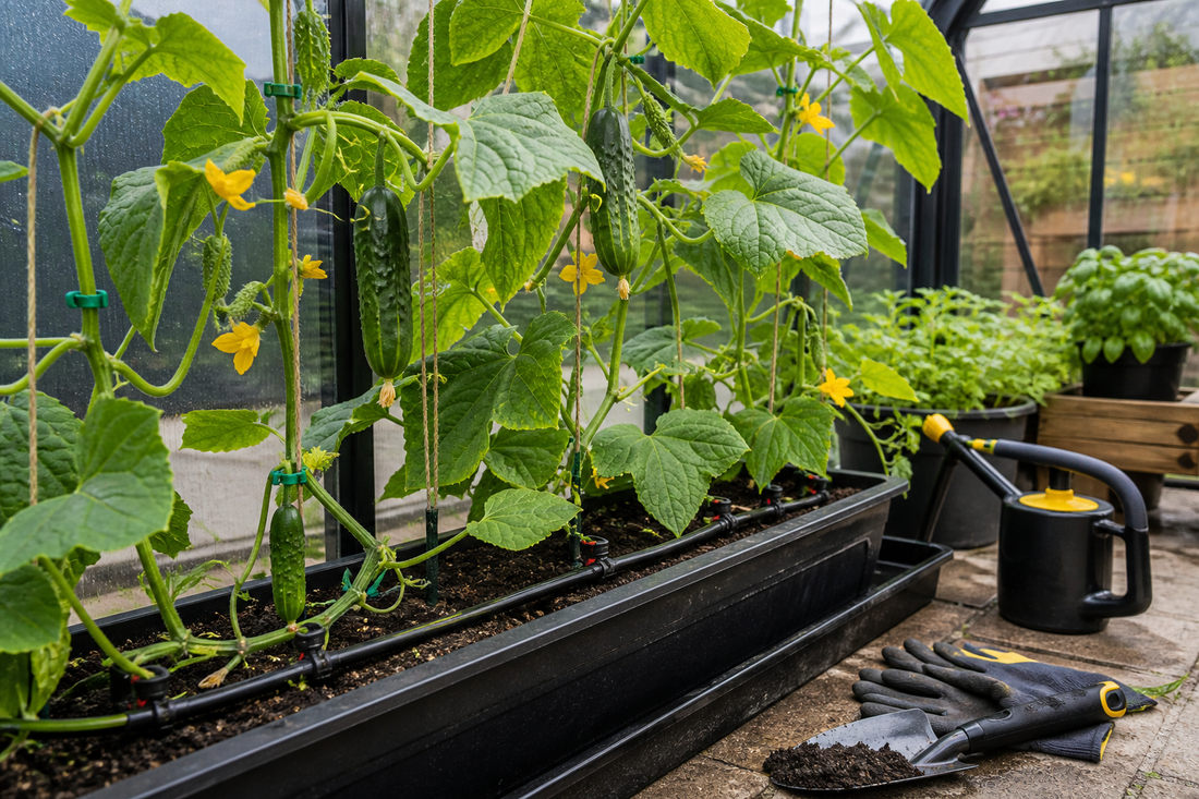 Cucumber plants climbing supports in a greenhouse for a HIP Toolbox guide