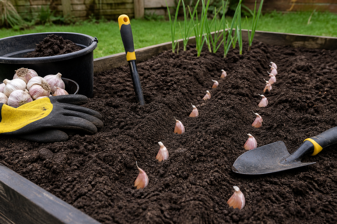 Garlic cloves planted in a raised bed for a HIP Toolbox guide