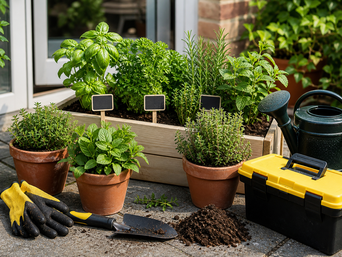 Herbs growing in pots beside garden tools for a HIP Toolbox guide