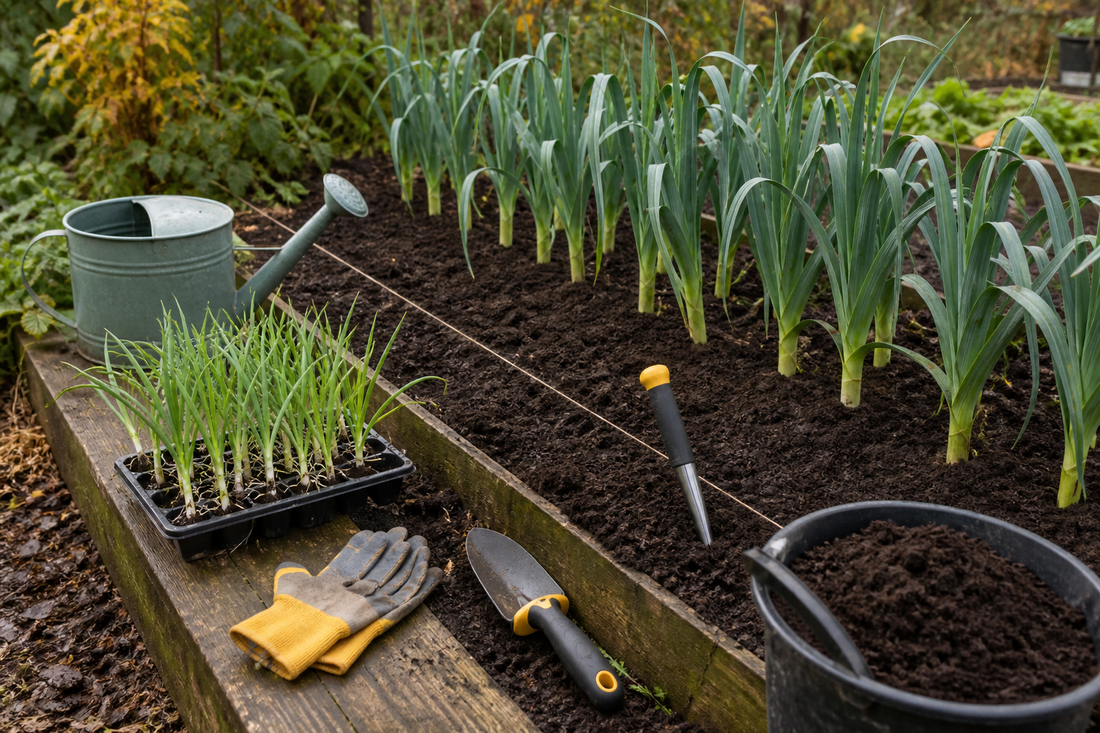 Leeks growing in rows with seedlings ready to transplant for a HIP Toolbox guide