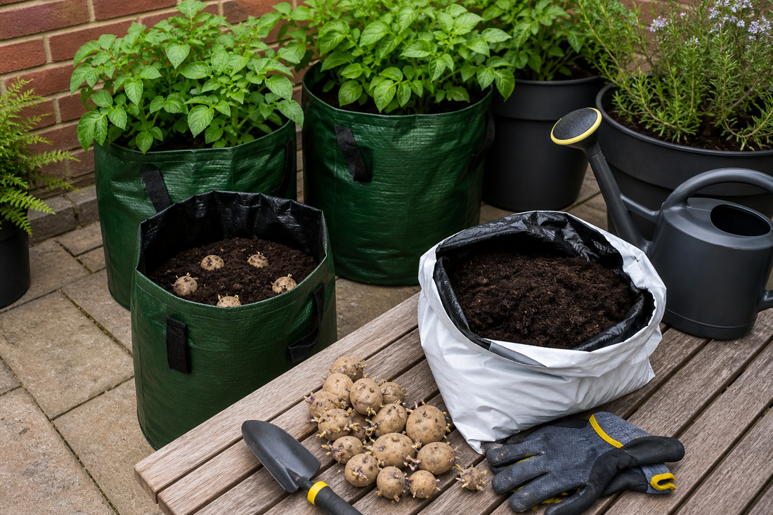 Potatoes growing in bags and pots for a HIP Toolbox guide