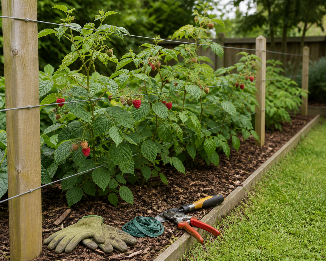 Raspberry canes trained on garden supports for a HIP Toolbox guide