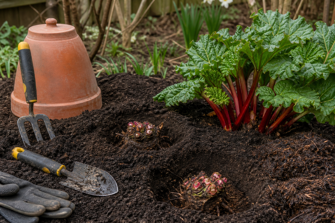 Rhubarb crowns and established rhubarb in a garden border for a HIP Toolbox guide