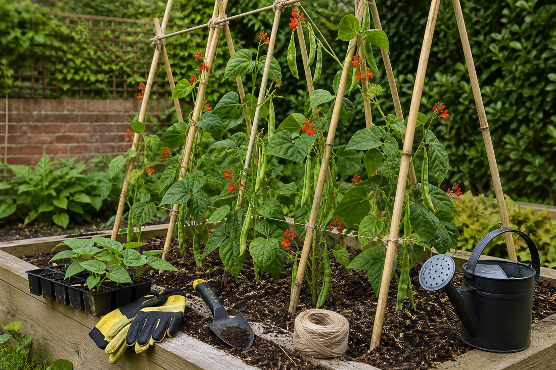 Runner beans growing on cane supports for a HIP Toolbox guide