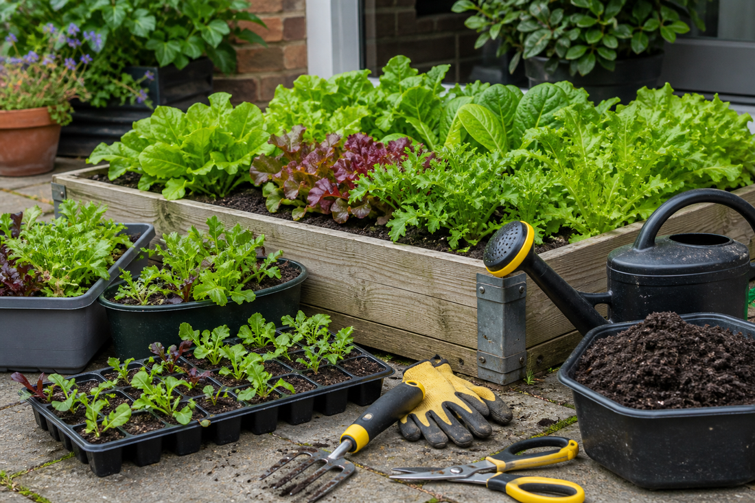 Salad leaves growing in containers and a raised bed for a HIP Toolbox guide