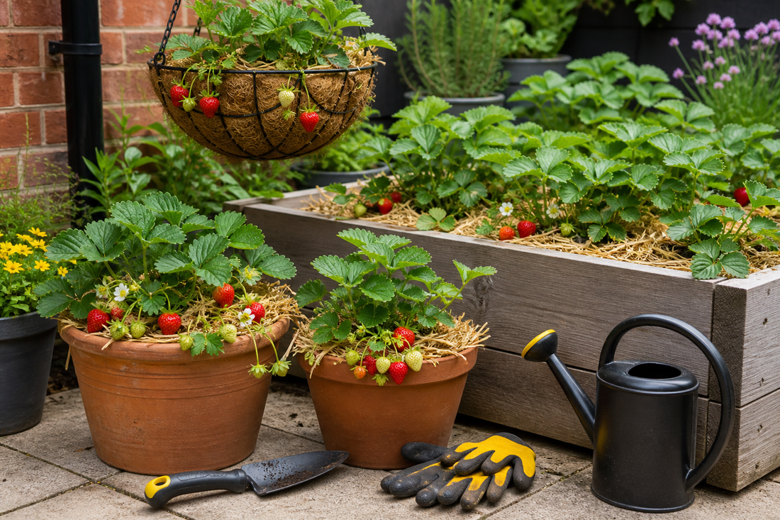 Strawberries growing in pots and raised beds for a HIP Toolbox guide