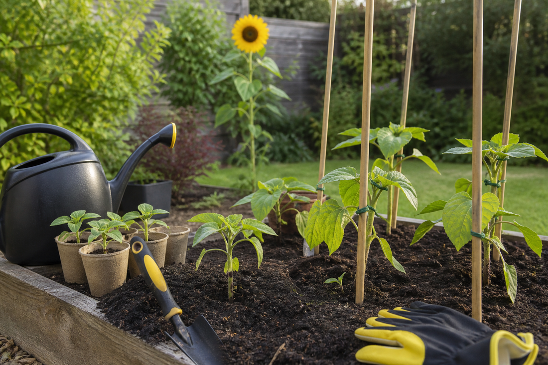 Sunflower seedlings and supports in a garden bed for a HIP Toolbox guide