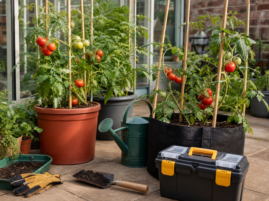 Tomatoes growing in pots and grow bags for a HIP Toolbox guide