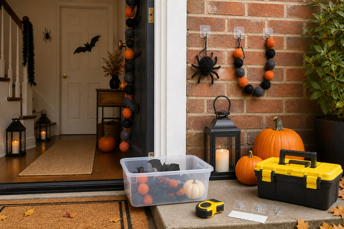 Halloween decorations, removable hooks and tools by a front door