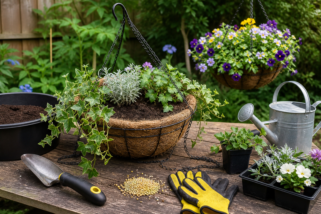 Hanging basket being planted on a garden table for a HIP Toolbox guide