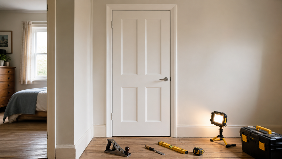 Finished internal door hung in an old frame with level, plane, chisel and HIP Toolbox style tools nearby
