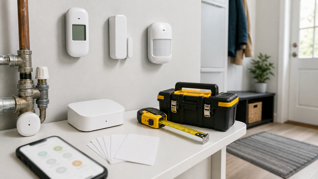 Home monitoring sensor setup with leak door motion sensors hub phone and toolbox