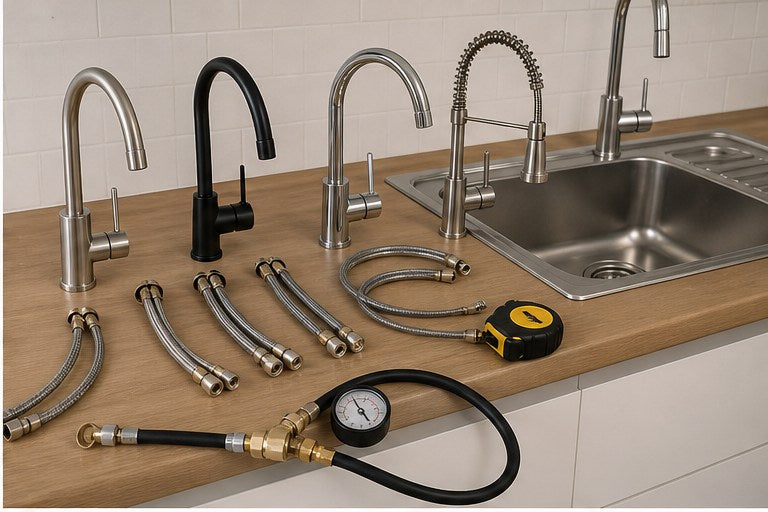 Kitchen tap options with flexi tails and pressure checking tools