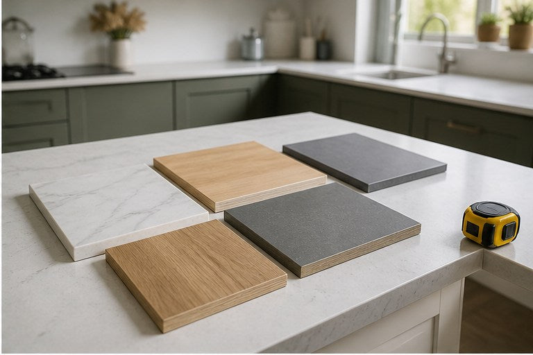 Kitchen worktop material samples on an island