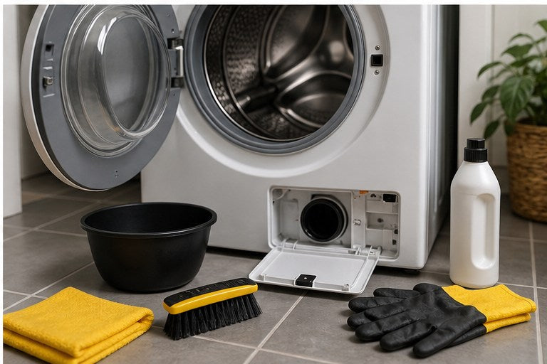 Washing machine cleaning guide with filter bowl brush and gloves