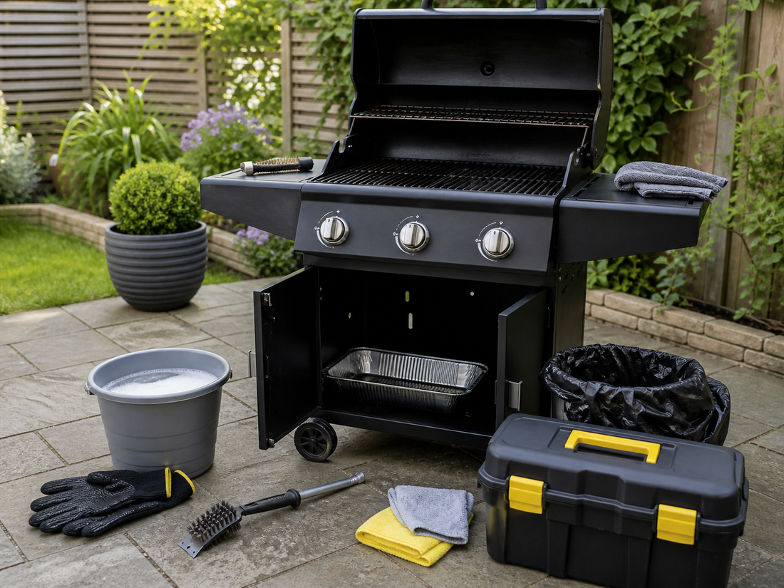 BBQ cleaning setup on a garden patio with gloves and tools