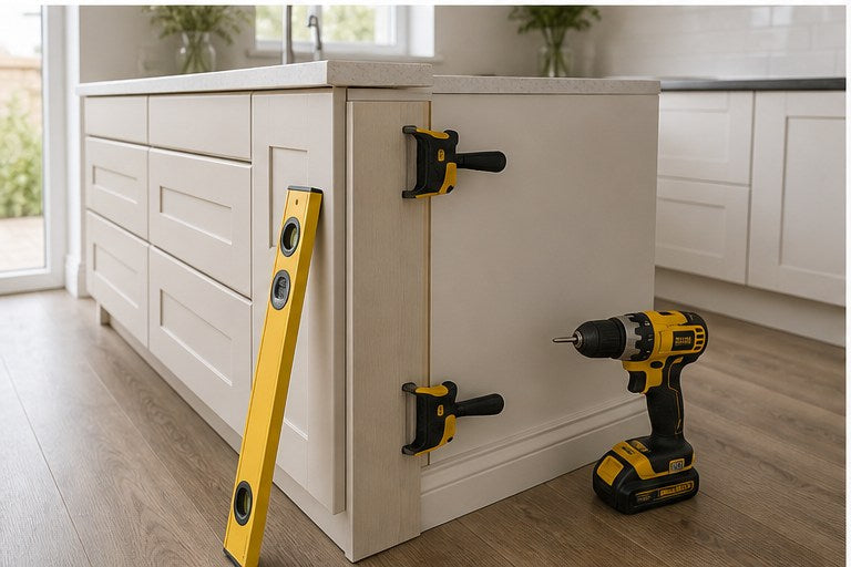 Kitchen end panel clamped and levelled for fitting