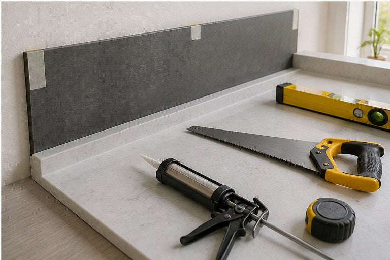 Kitchen upstand and back panel fitting with sealant and saw