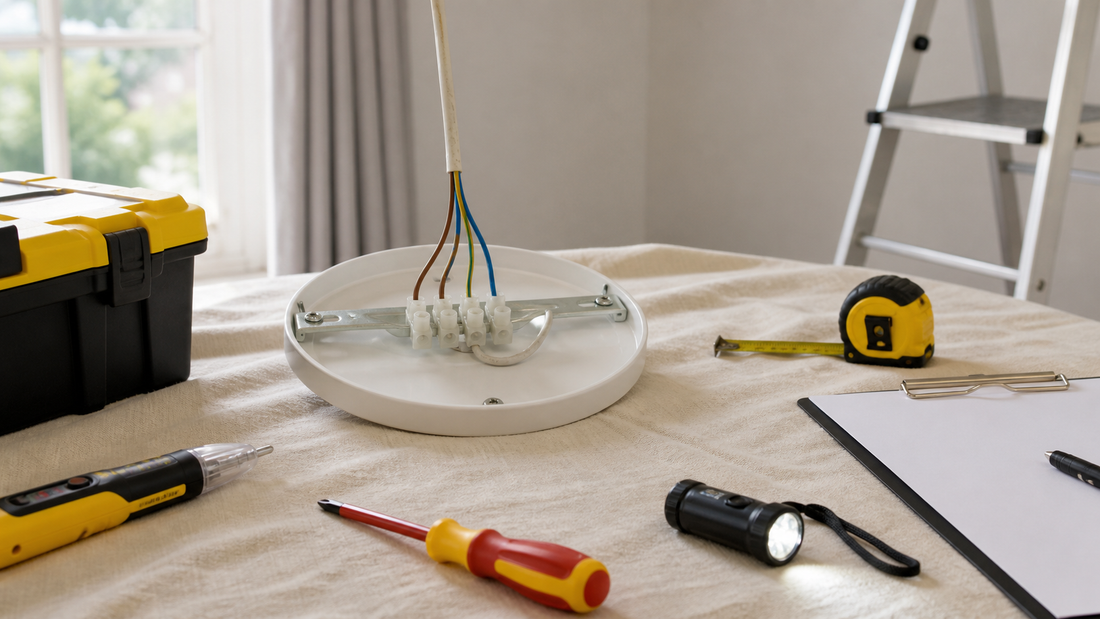 Ceiling light replacement safety setup with tester insulated screwdriver and toolbox