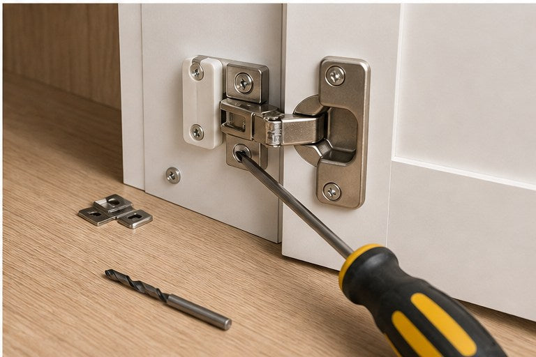 Soft close hinge adapter fitting close up with screwdriver