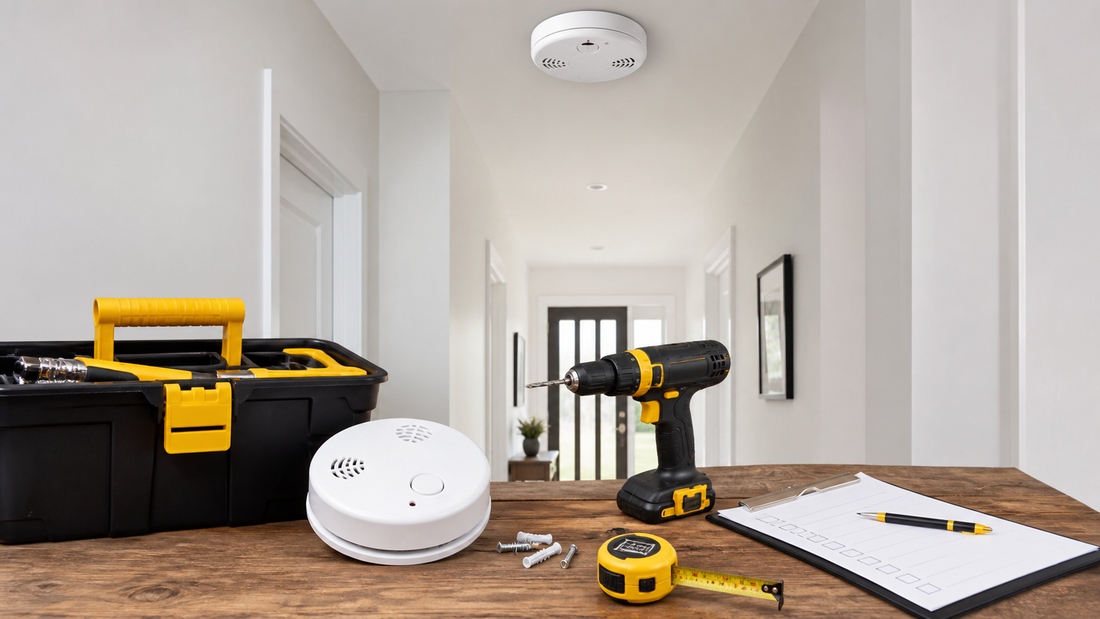 Smoke alarm installation and maintenance with drill fixings checklist and toolbox