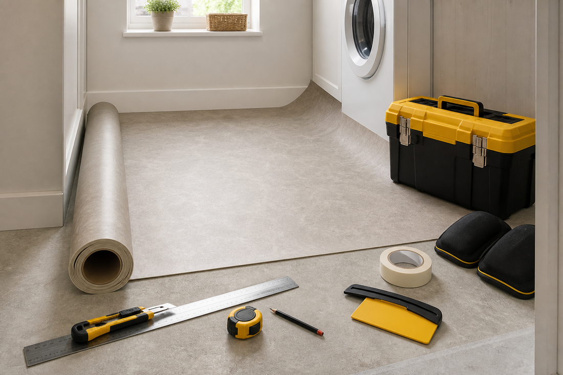 Sheet vinyl flooring being laid with trimming tools and knee pads