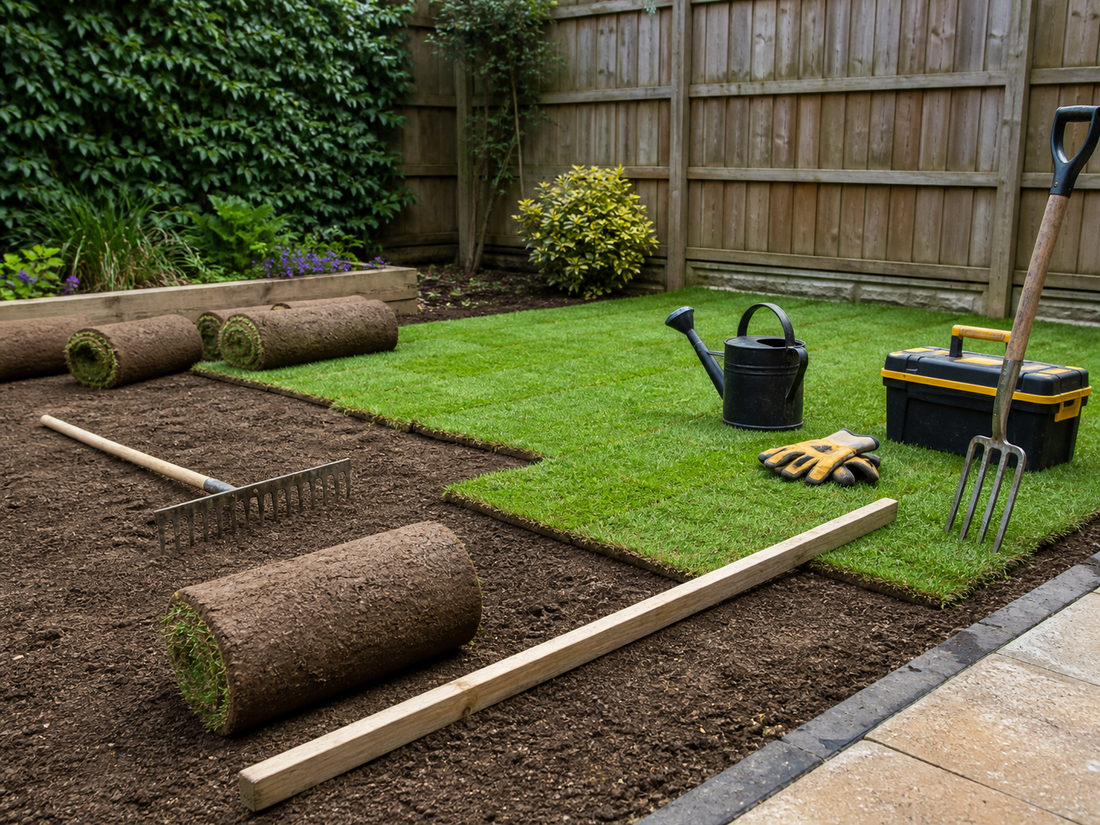 Turf rolls being laid on prepared soil in a small garden