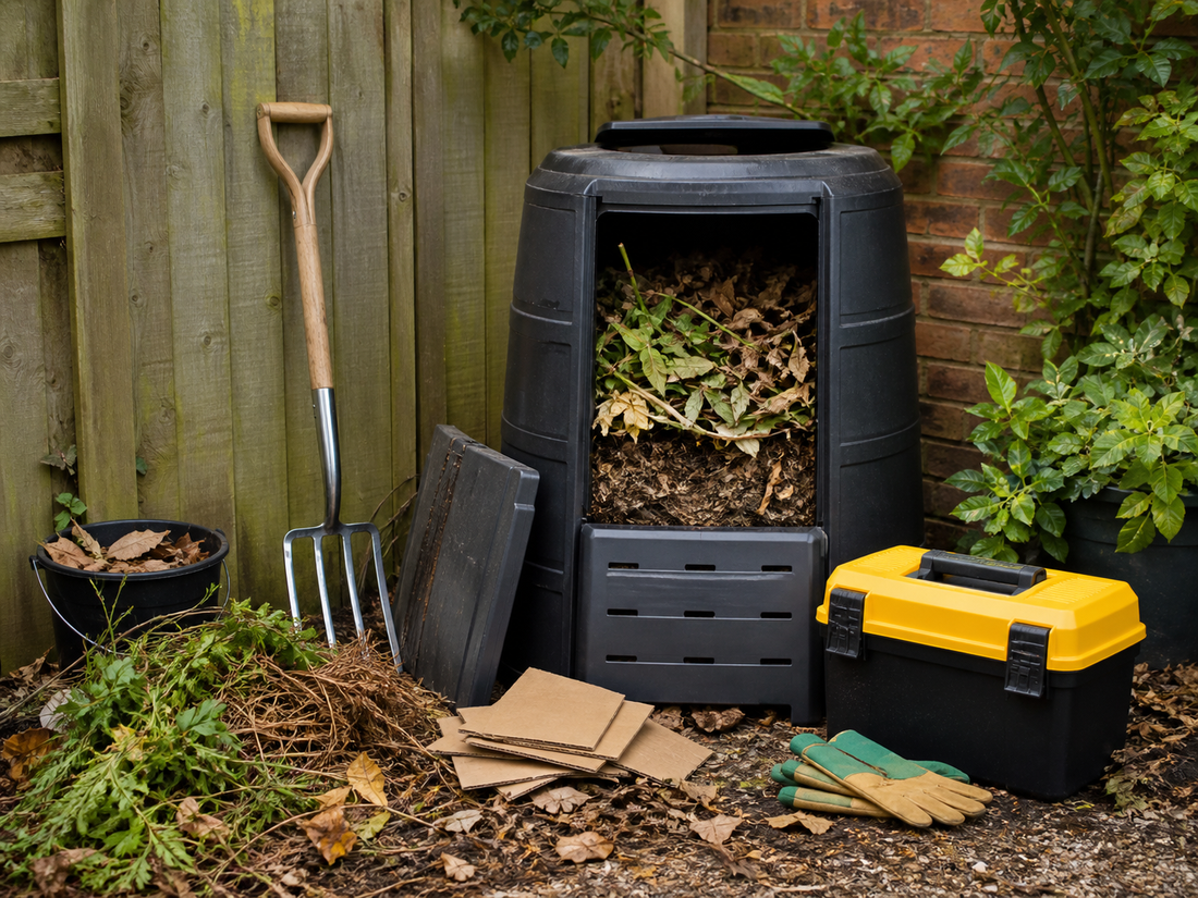 Compost bin with green and brown garden waste and tools