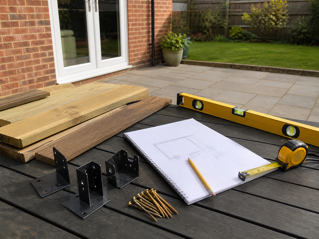 Decking planning tools and timber samples in a UK garden