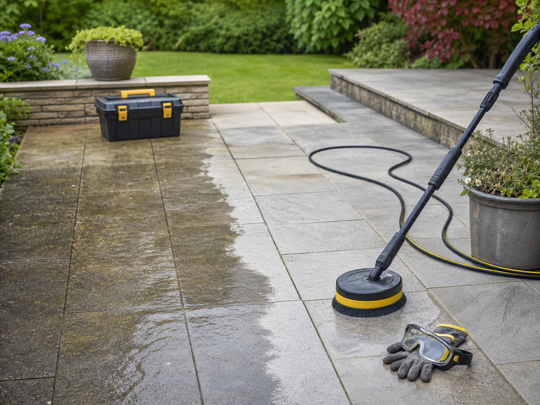 Half-cleaned patio showing pressure washer use with PPE nearby