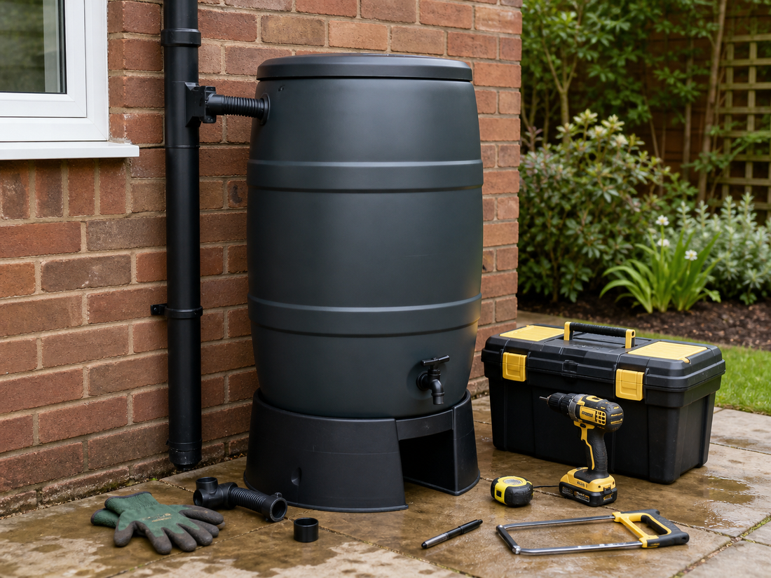 Water butt connected to a rainwater downpipe with tools ready for installation