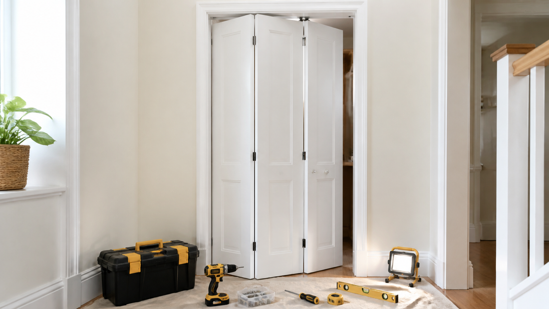 Finished internal bi-fold door fitted in a hallway opening with tools and fixings nearby