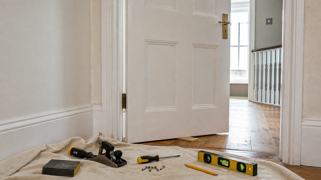 Older white internal door with plane, sanding block, level and screwdriver ready for repair