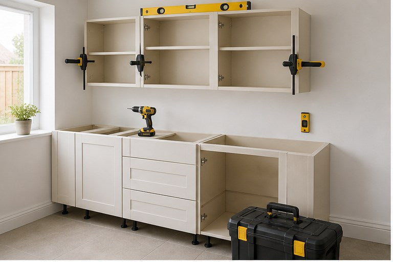 Kitchen cabinets being levelled and fitted with tools