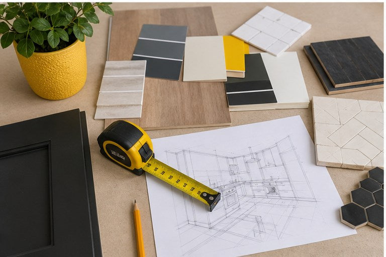 Kitchen design style direction moodboard with samples and plan