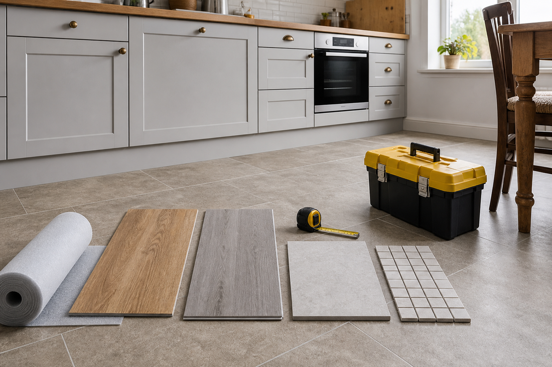 Kitchen flooring samples arranged on a kitchen floor