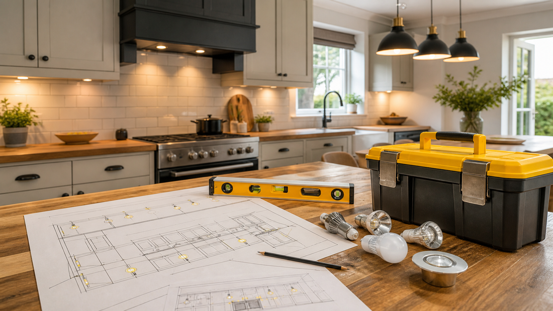 Kitchen lighting plan with under cabinet lights pendants bulbs level and toolbox