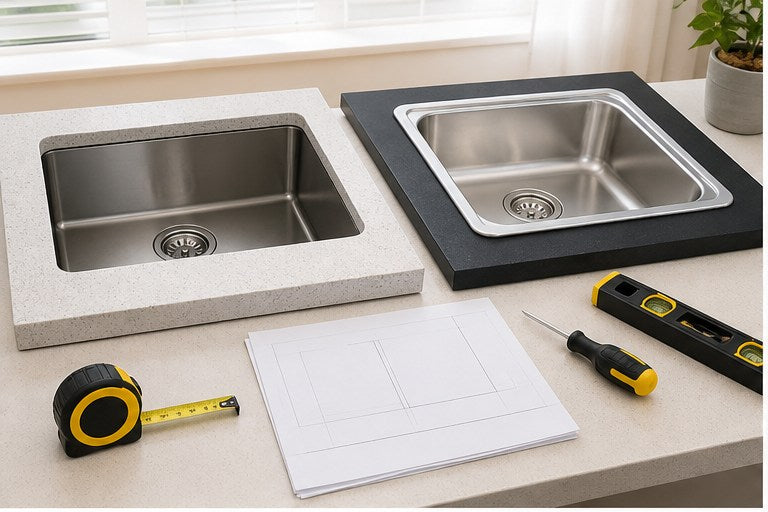 Kitchen sink fitting options with cutout templates and tools