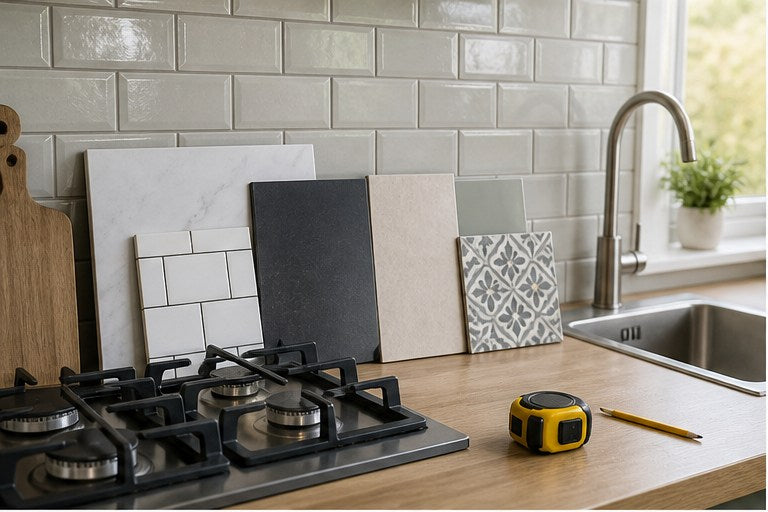 Kitchen splashback samples beside hob sink and measuring tools