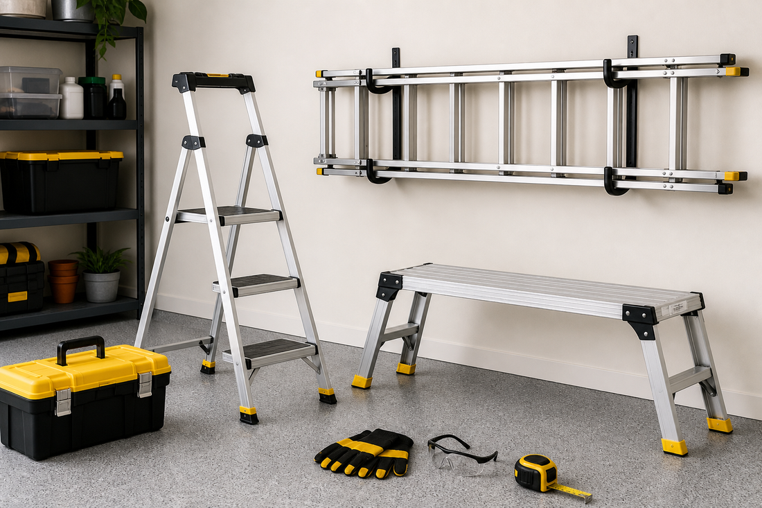 Step ladder extension ladder and work platform arranged safely for a HIP Toolbox ladder buying guide