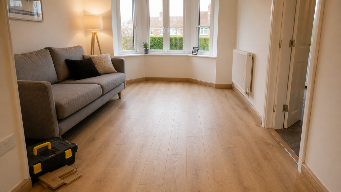 Finished laminate flooring with threshold, skirting trim and tidy tools in a small UK living room
