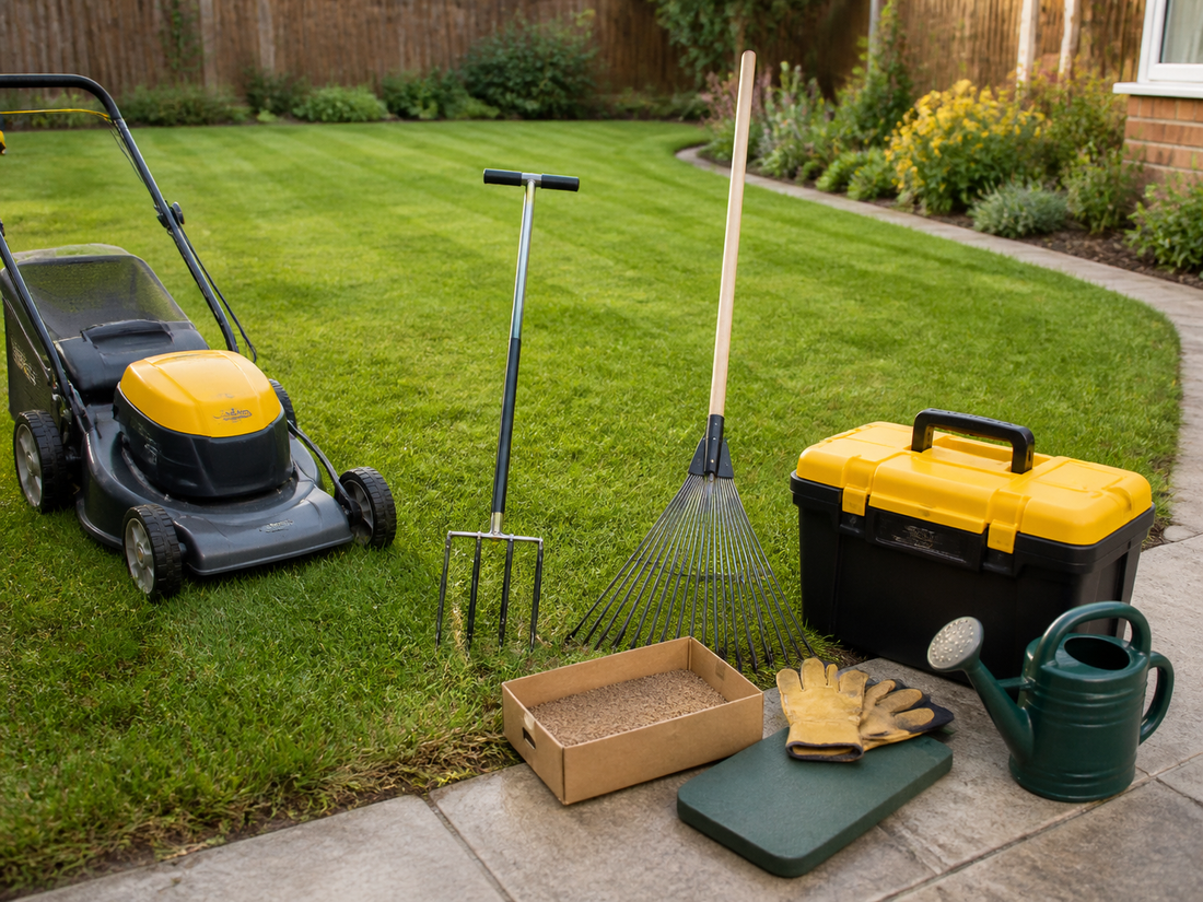 Lawn care tools beside a small garden lawn