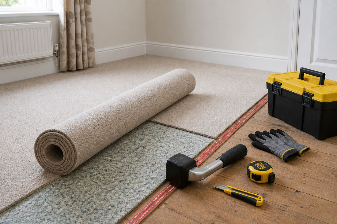 Carpet roll, underlay and fitting tools in a bedroom