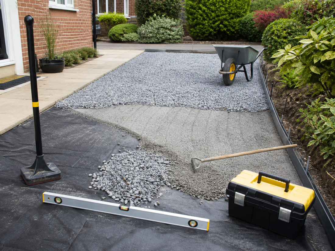 Gravel driveway being laid with membrane, edging and levelling tools