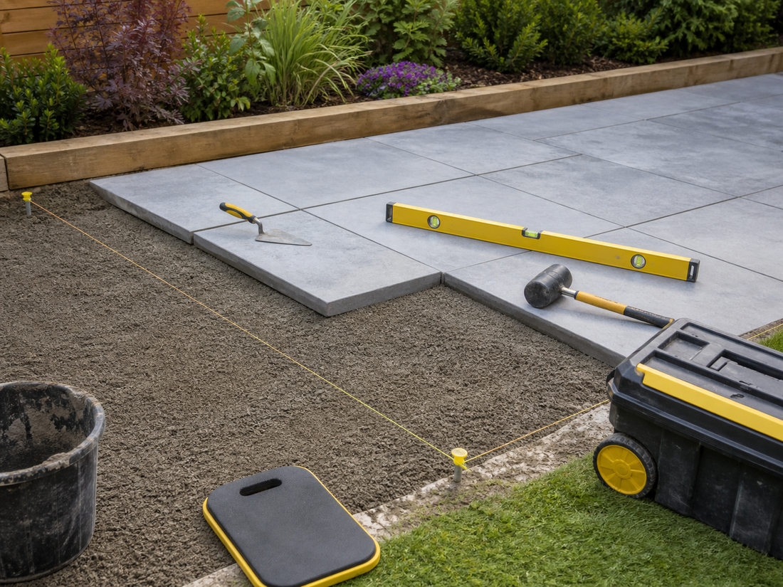 Patio slabs being laid on a prepared base with level and tools